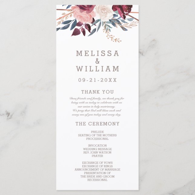 Modern Burgundy Floral Ivory Geometric Wedding Programme (Front)