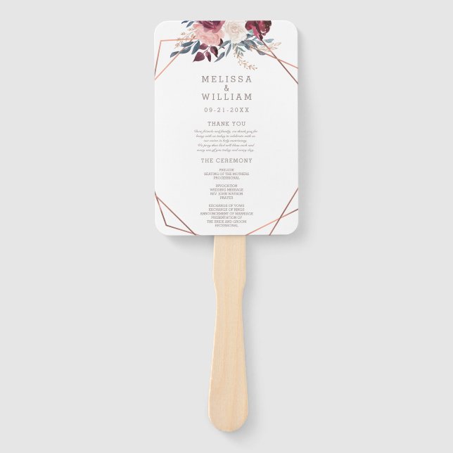 Modern Burgundy Floral Ivory Wedding Program Hand Fan (Front)