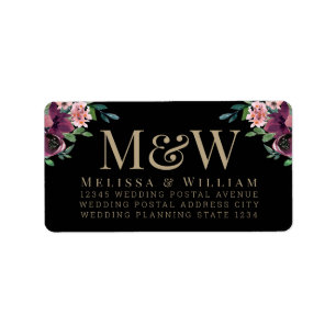 Modern Burgundy Floral Monogram Black Address Label