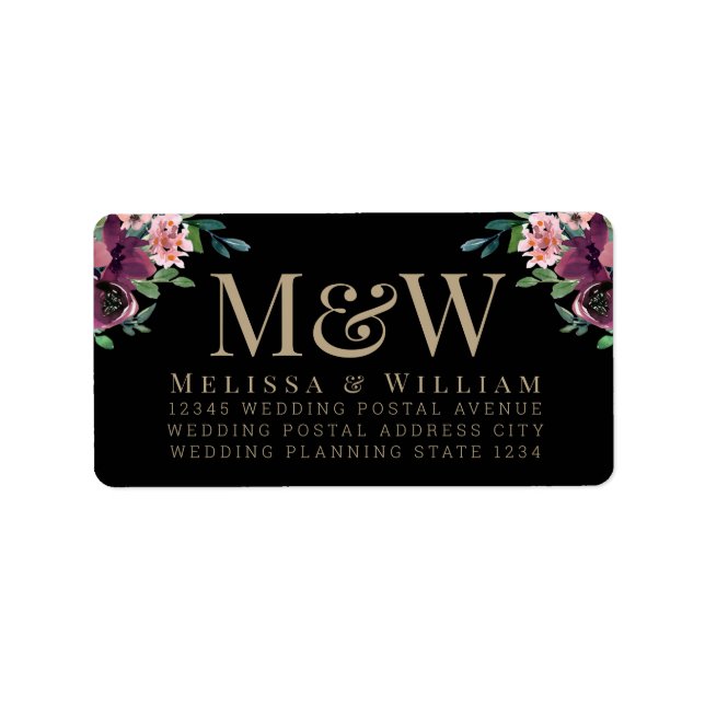 Modern Burgundy Floral Monogram Black Address Label (Front)