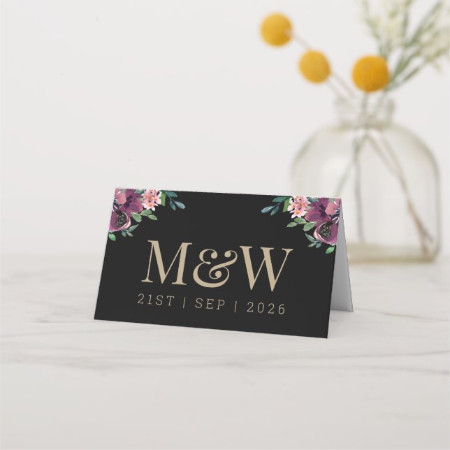 Modern Burgundy Floral Monogram Black Wedding Place Card (Back)