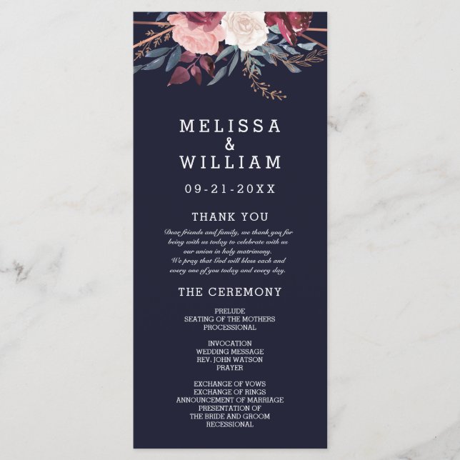 Modern Burgundy Floral Navy Geometric Wedding Programme (Front)