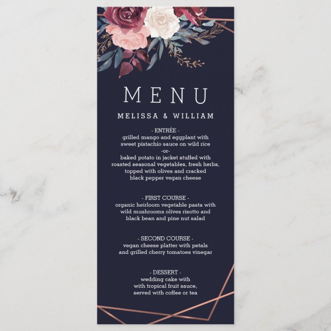 Modern Burgundy Floral Navy Wedding Menu (Front)