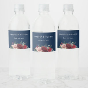 Modern Burgundy Floral on Navy Blue Wedding Water Bottle Label