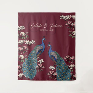 Modern Burgundy Floral Peacock Wedding Backdrop Tapestry