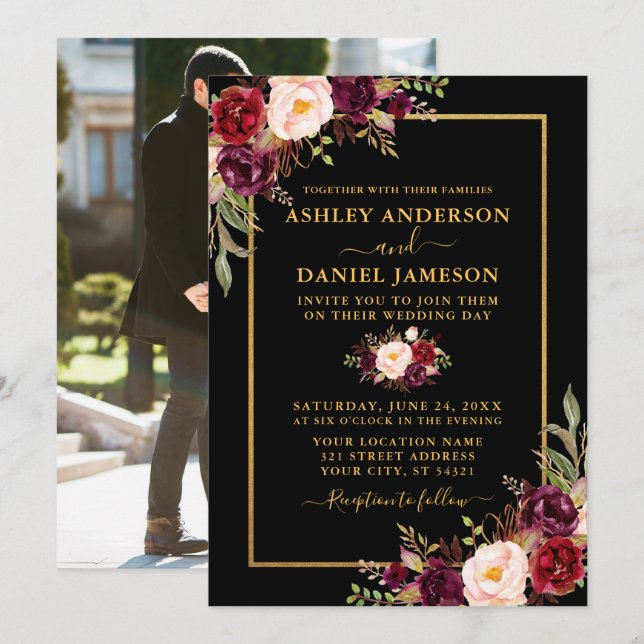 Modern Burgundy Floral Photo Black Gold Invitation (Front/Back)