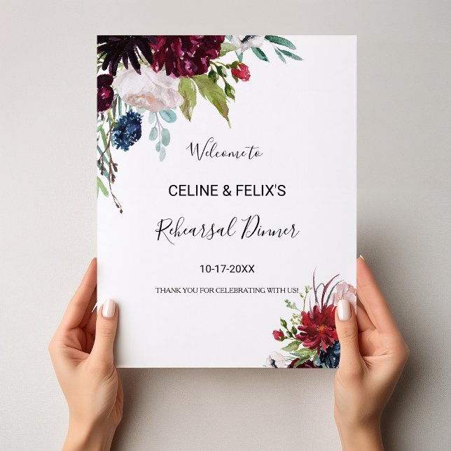 Modern Burgundy Floral Rehearsal dinner Welcome Poster (Creator Uploaded)