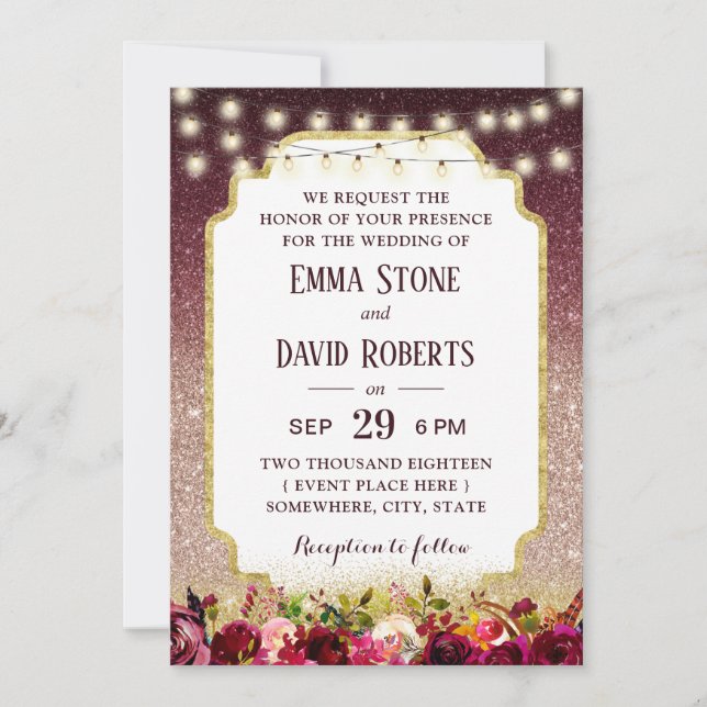 Modern Burgundy Floral Rose Gold Ombre Wedding Invitation (Front)