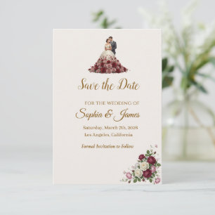 Modern Burgundy Floral Save the Date Card