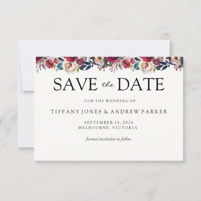 Modern burgundy Floral save the date wedding (Front)