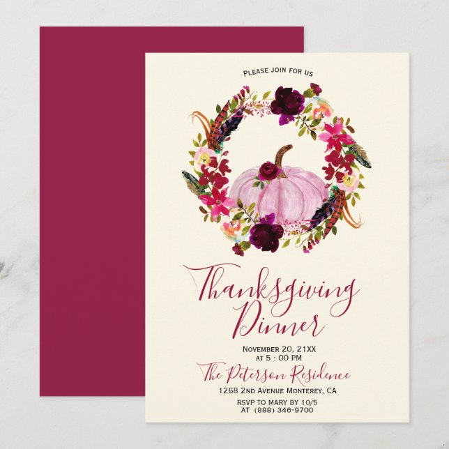 Modern Burgundy Floral Thanksgiving Invitations (Front/Back)