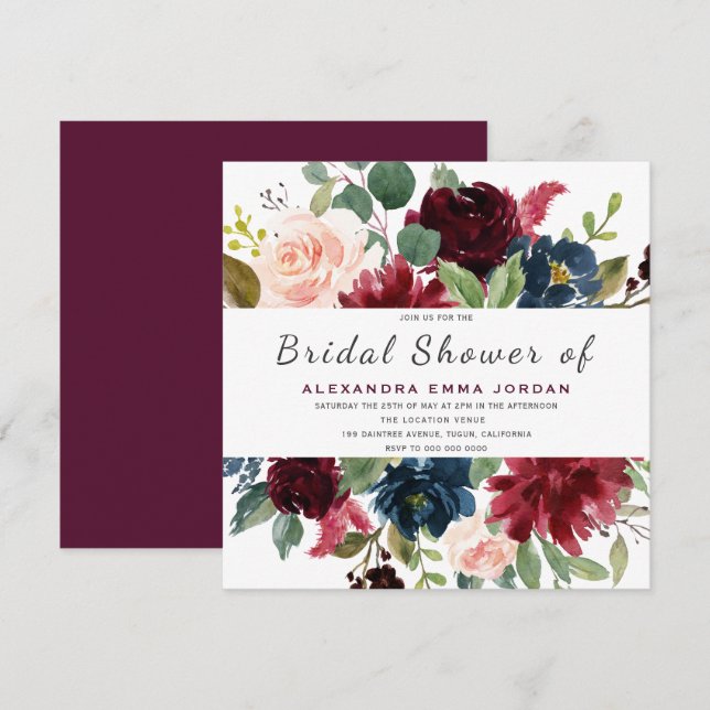 Modern Burgundy Floral Watercolor Bridal Shower Invitation (Front/Back)