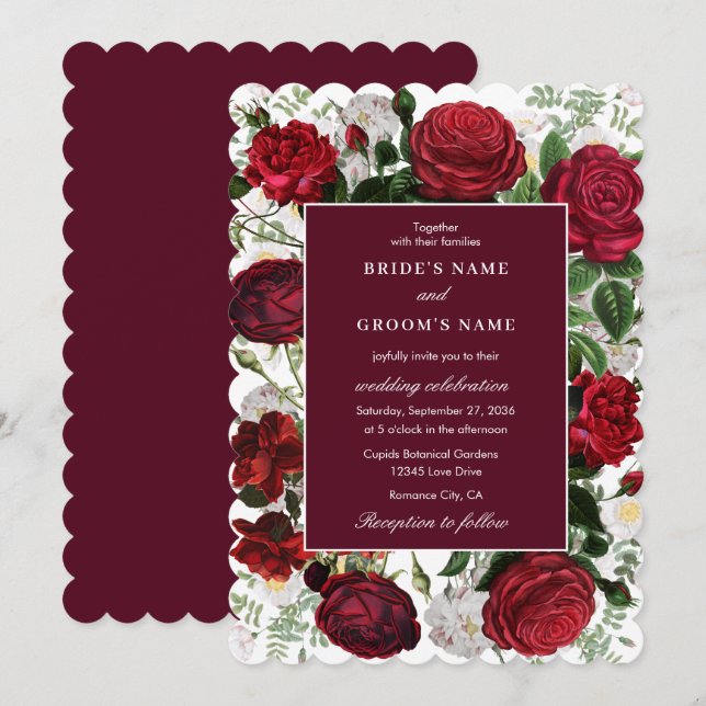 Modern Burgundy Floral Watercolor Elegant Wedding  Invitation (Front/Back)