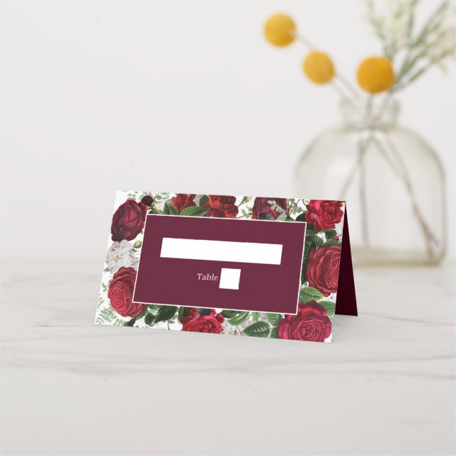 Modern Burgundy Floral Watercolor Elegant Wedding  Place Card (Front)