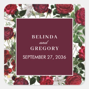 Modern Burgundy Floral Watercolor Elegant Wedding  Square Sticker