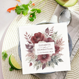 Modern Burgundy Floral Watercolor Wedding Names Napkin