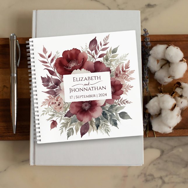 Modern Burgundy Floral Watercolor Weddings White Notebook (Creator Uploaded)