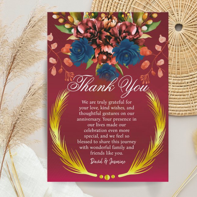 Modern Burgundy Floral Wedding Anniversary Party Thank You Card (Creator Uploaded)