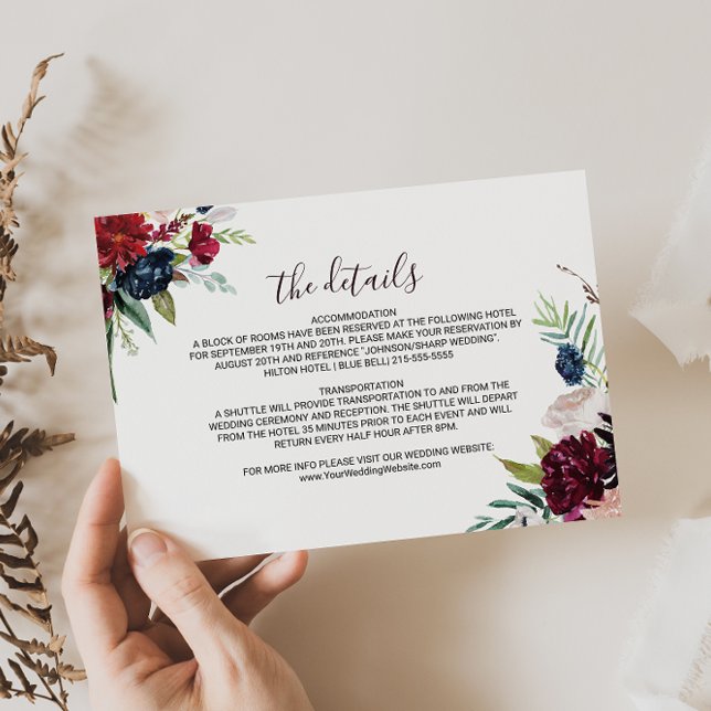 Modern Burgundy Floral Wedding Details Insert Card (Creator Uploaded)