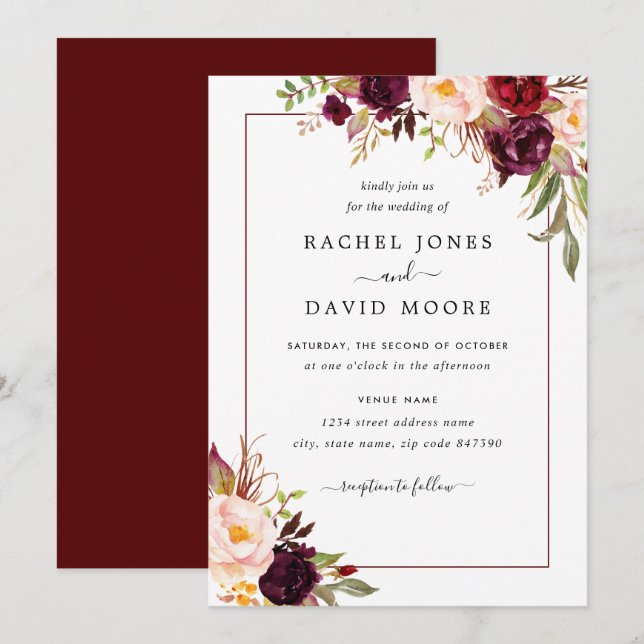 Modern Burgundy Floral Wedding Invitation (Front/Back)