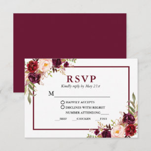 Modern Burgundy Floral Wedding Meal RSVP Card