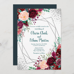 Modern Burgundy Floral with Silver Confetti Invitation