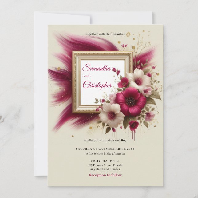 Modern burgundy flowers and gold frame wedding invitation (Front)