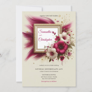 Modern burgundy flowers and gold frame wedding invitation