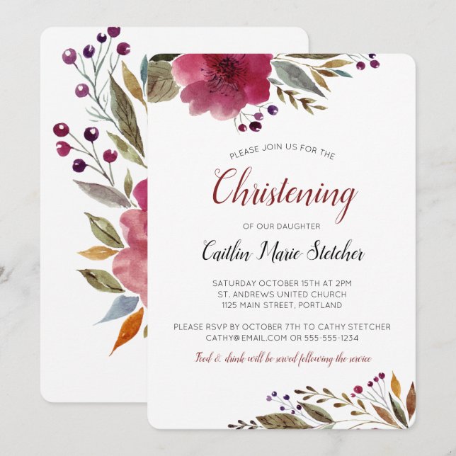 Modern Burgundy Flowers Baptism Christening Invitation (Front/Back)