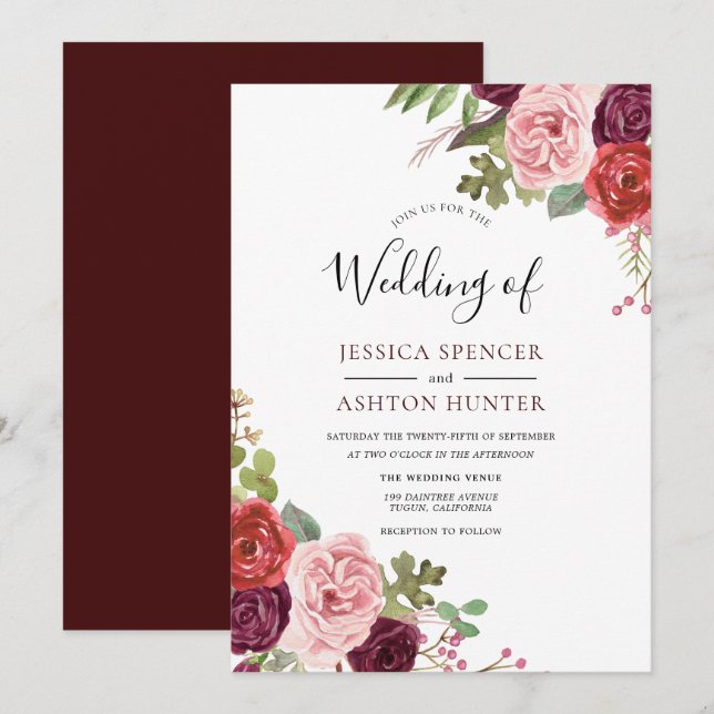Modern Burgundy Flowers Elegant Wedding Invite (Front/Back)