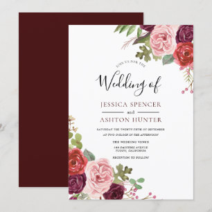 Modern Burgundy Flowers Elegant Wedding Invite