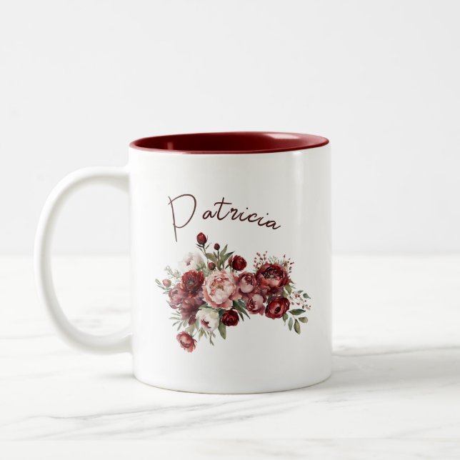 Modern Burgundy Flowers Two-Tone Coffee Mug (Left)