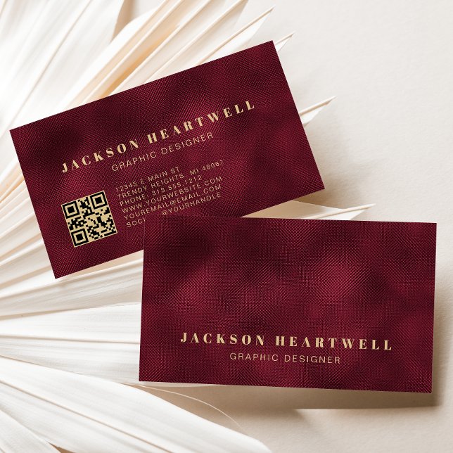 Modern Burgundy Foil Texture QR Code Business Card (Creator Uploaded)