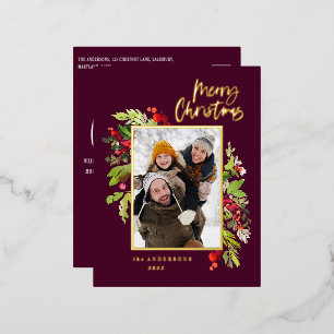 Modern burgundy foliage elegant photo Christmas Foil Holiday Postcard