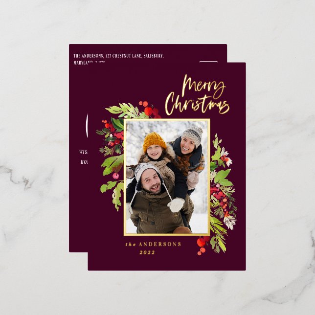 Modern burgundy foliage elegant photo Christmas Foil Holiday Postcard (Front/Back)