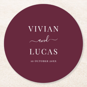 Modern Burgundy Formal Minimal Wedding Round Paper Coaster