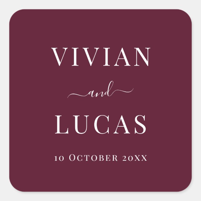 Modern Burgundy Formal Minimal Wedding Square Sticker (Front)