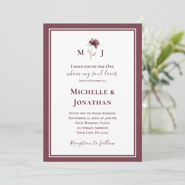 Modern Burgundy Frame Christian Bible Wedding Invitation (Standing Front)