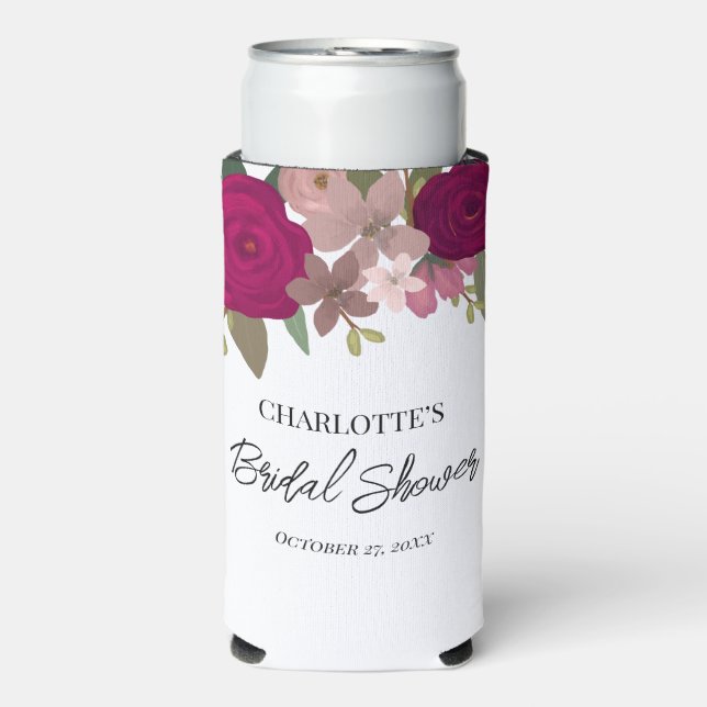 Modern Burgundy Garden Flowers Bridal Shower Favou Seltzer Can Cooler (Seltzer Front)