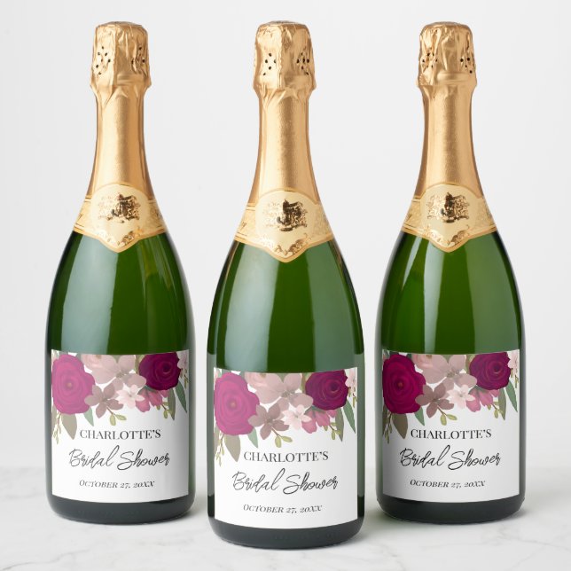 Modern Burgundy Garden Flowers Bridal Shower Favou Sparkling Wine Label (Bottles)