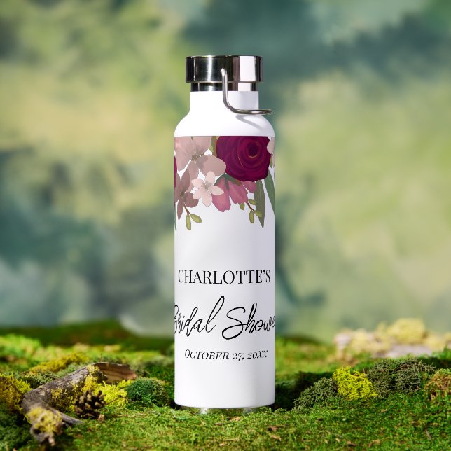 Modern Burgundy Garden Flowers Bridal Shower Favou Water Bottle (Outdoor)