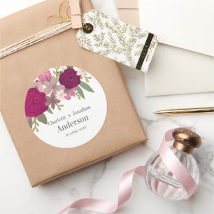 Modern Burgundy Garden Flowers Wedding Couple Name Classic Round Sticker