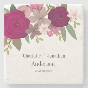 Modern Burgundy Garden Flowers Wedding Couple Name Stone Coaster