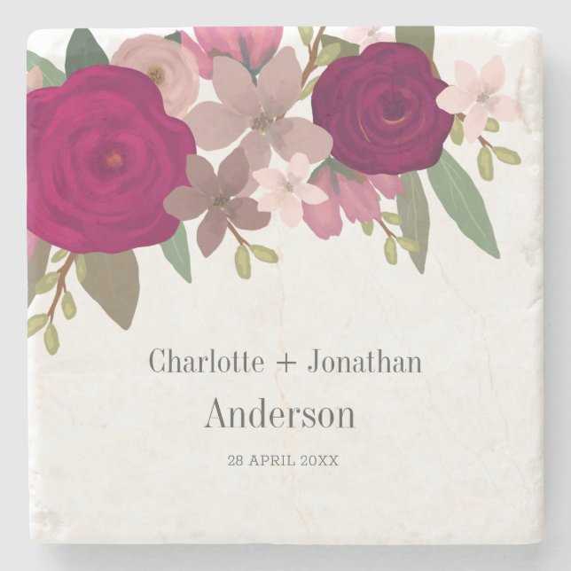 Modern Burgundy Garden Flowers Wedding Couple Name Stone Coaster (Front)