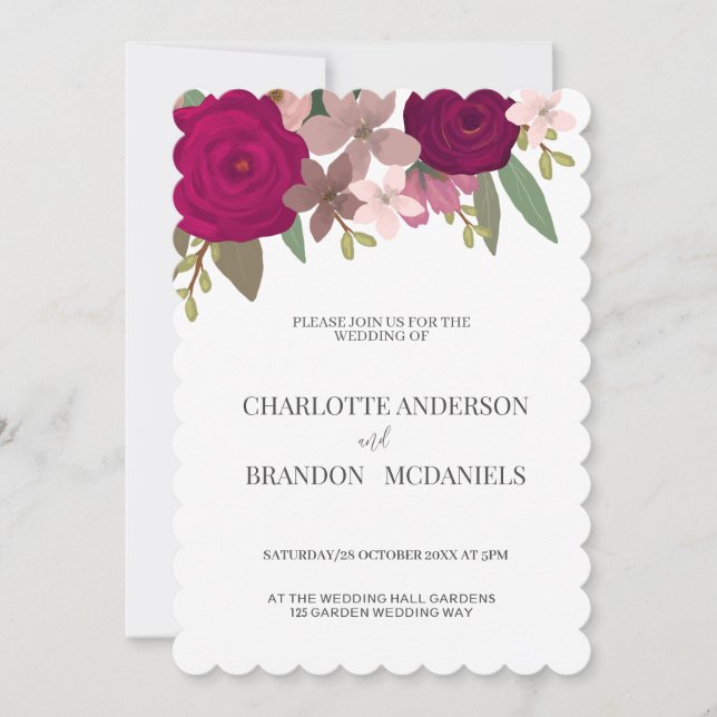 Modern Burgundy Garden Flowers Wedding  Invitation (Front)