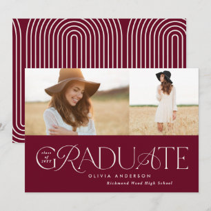 Modern burgundy geometric 2 photo arch graduation announcement