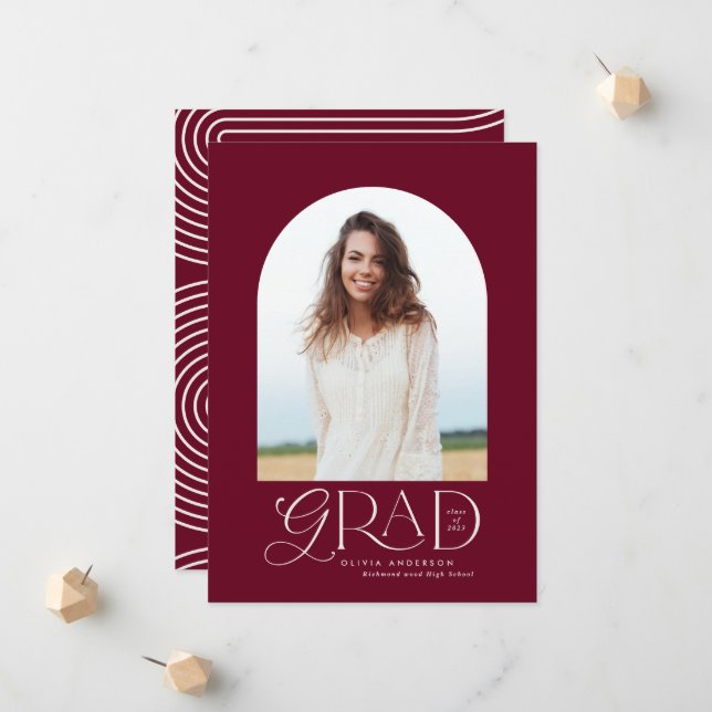Modern burgundy geometric photo arch graduation announcement (Front/Back In Situ)