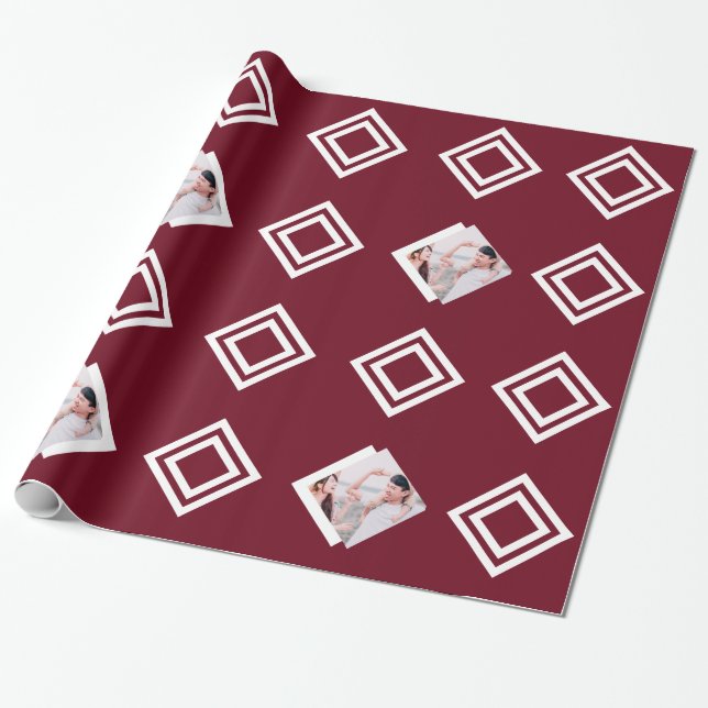 Modern Burgundy Geometric Photo Print Christmas Wrapping Paper (Unrolled)