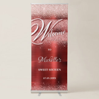 Modern Burgundy Glitter 16th Birthday Welcome Name Retractable Banner