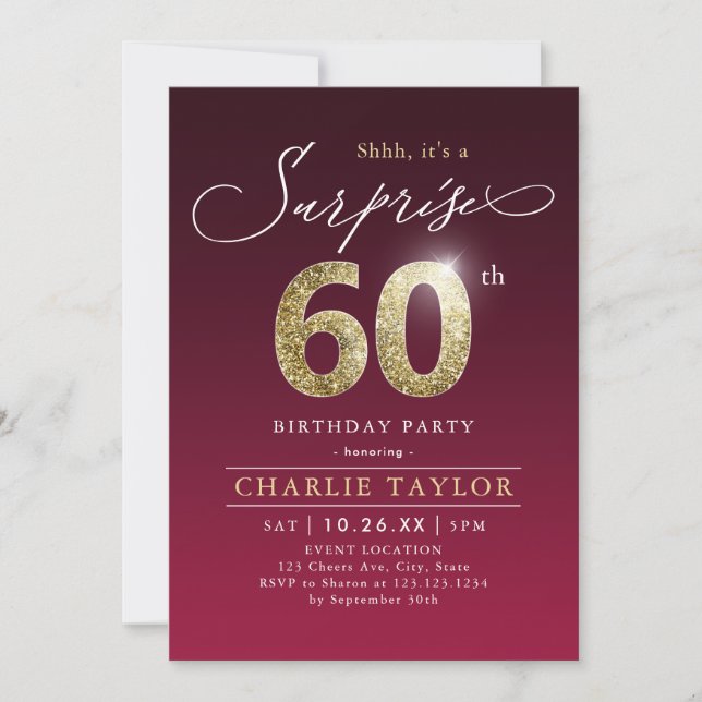 Modern burgundy gold adult surprise 60th birthday  invitation (Front)